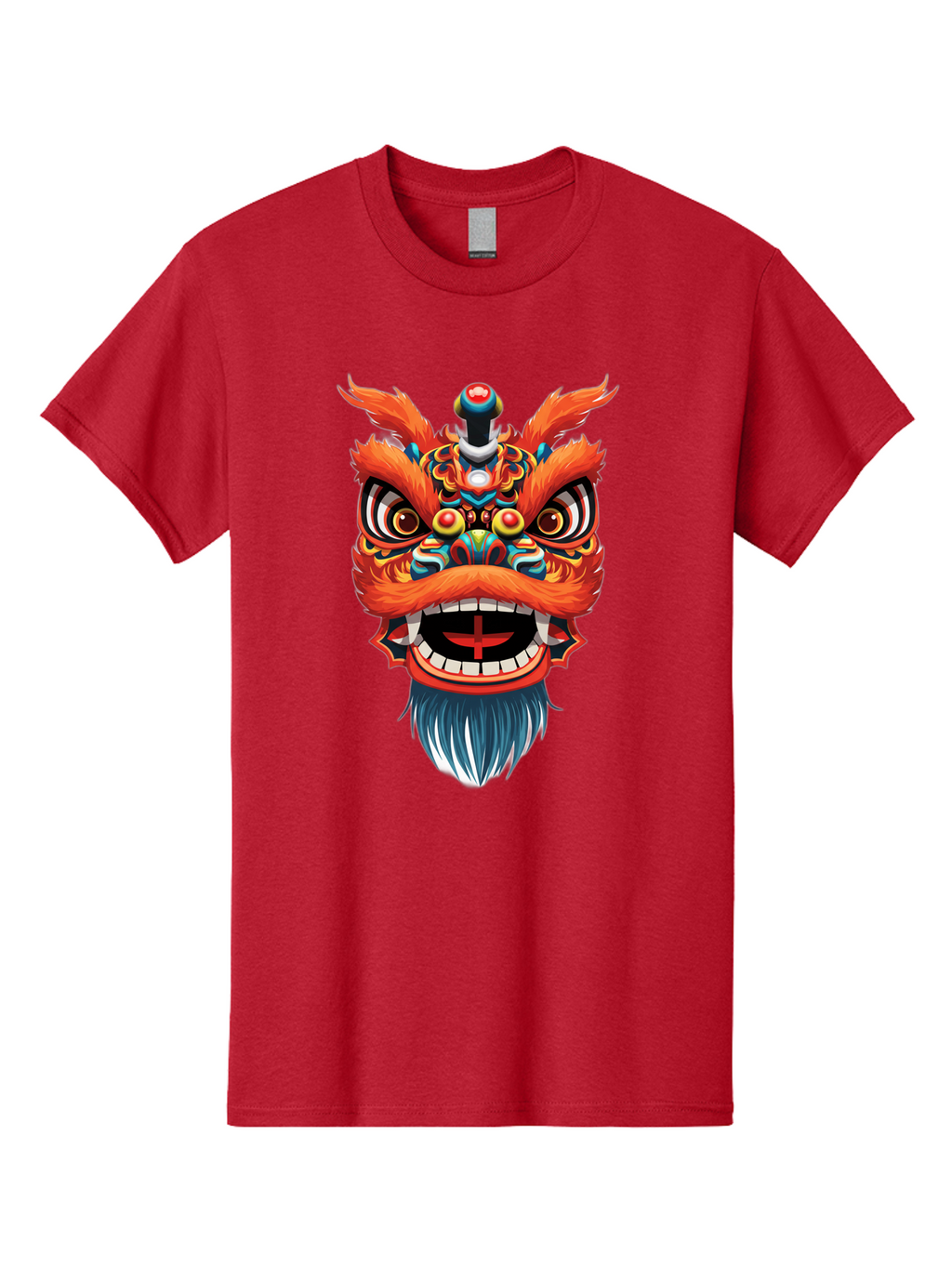 Dragon-Dance-Mask Men'S Graphic Tee, 100% Cotton, Comfortable Casual Summer Wear, Machine Washable, Lion Dance, Traditional Performance, Vibrant Colors, Cultural Heritage, Festive Atmosphere, Red And Orange Hues, Ornate Details, Baa557