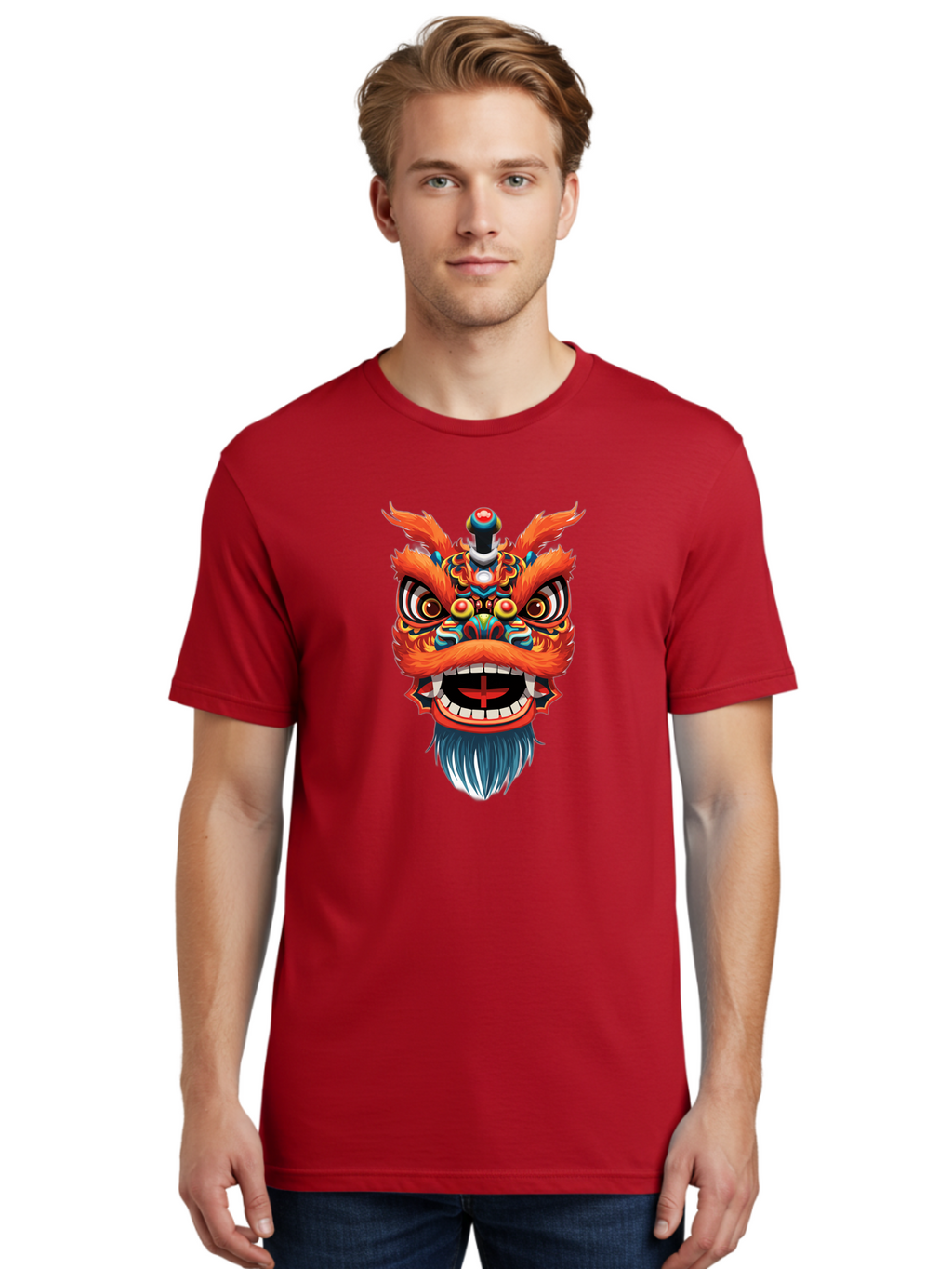 Dragon-Dance-Mask Men'S Graphic Tee, 100% Cotton, Comfortable Casual Summer Wear, Machine Washable, Lion Dance, Traditional Performance, Vibrant Colors, Cultural Heritage, Festive Atmosphere, Red And Orange Hues, Ornate Details, Baa557