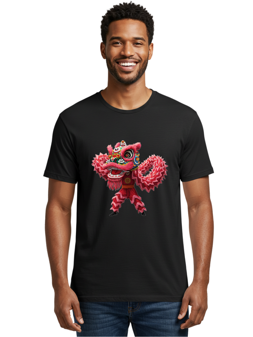 Dragon-Dance Men'S Graphic Tee, 100% Cotton, Comfortable Casual Summer Wear, Machine Washable, Traditional Lion Dance Costume, Cultural Heritage, Festive Celebration, Vibrant Red Color, Intricate Design, Dynamic Movement, Chinese Culture, Baa558
