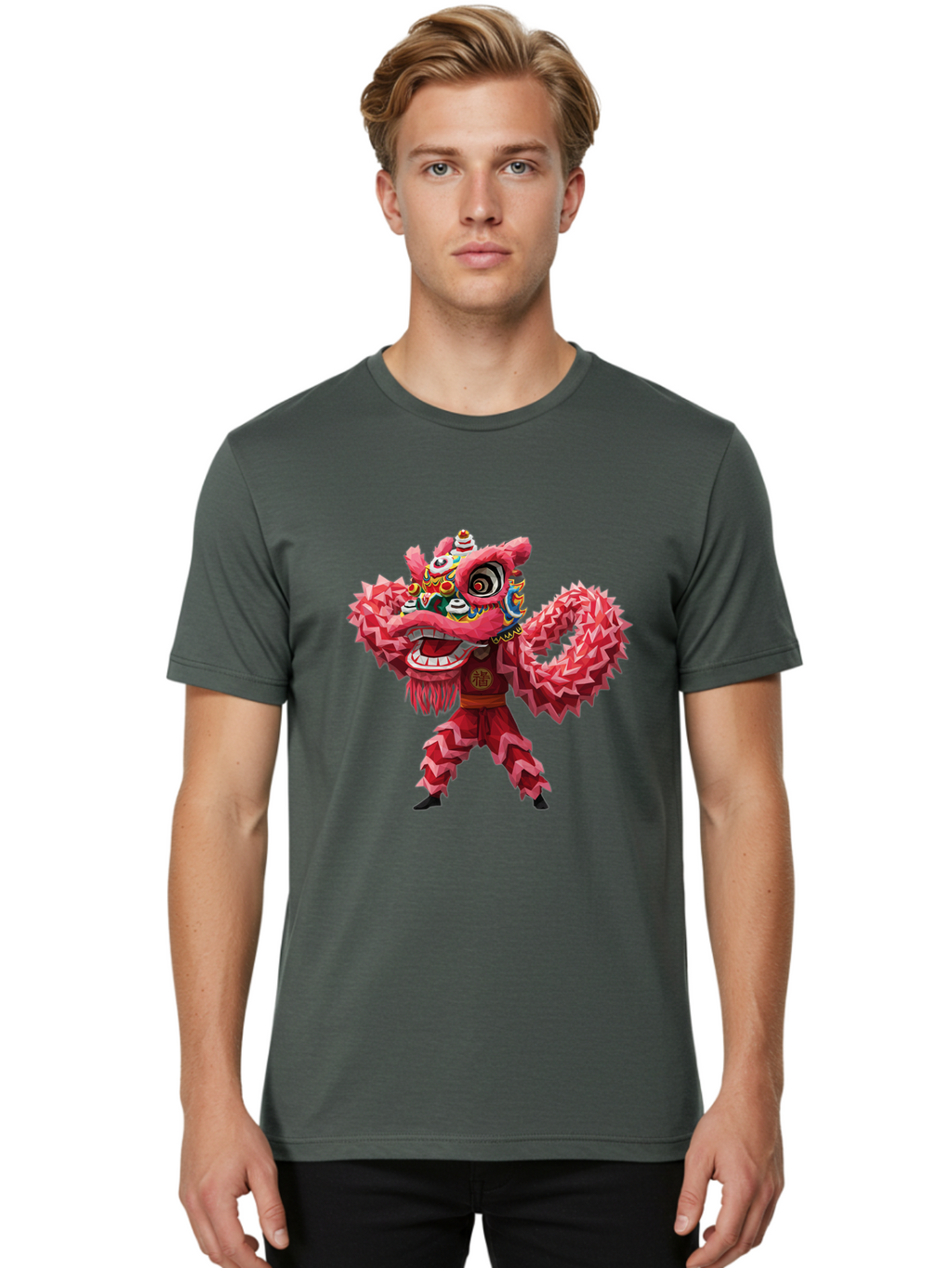Dragon-Dance Men'S Graphic Tee, 100% Cotton, Comfortable Casual Summer Wear, Machine Washable, Traditional Lion Dance Costume, Cultural Heritage, Festive Celebration, Vibrant Red Color, Intricate Design, Dynamic Movement, Chinese Culture, Baa558