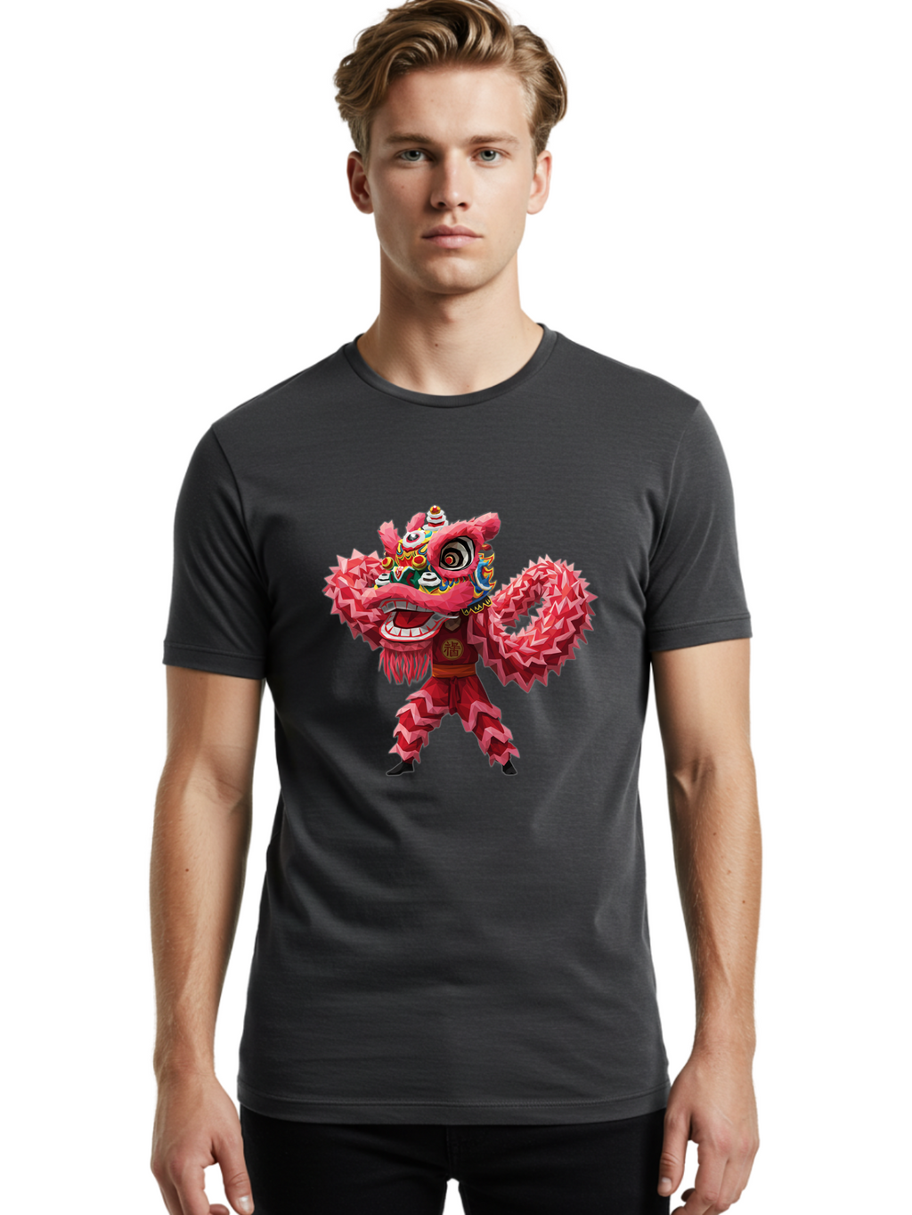 Dragon-Dance Men'S Graphic Tee, 100% Cotton, Comfortable Casual Summer Wear, Machine Washable, Traditional Lion Dance Costume, Cultural Heritage, Festive Celebration, Vibrant Red Color, Intricate Design, Dynamic Movement, Chinese Culture, Baa558