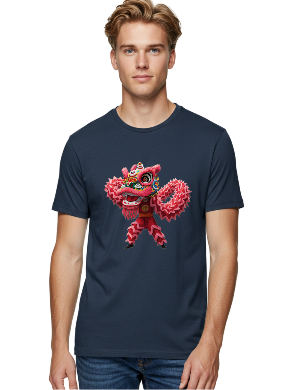 Dragon-Dance Men'S Graphic Tee, 100% Cotton, Comfortable Casual Summer Wear, Machine Washable, Traditional Lion Dance Costume, Cultural Heritage, Festive Celebration, Vibrant Red Color, Intricate Design, Dynamic Movement, Chinese Culture, Baa558