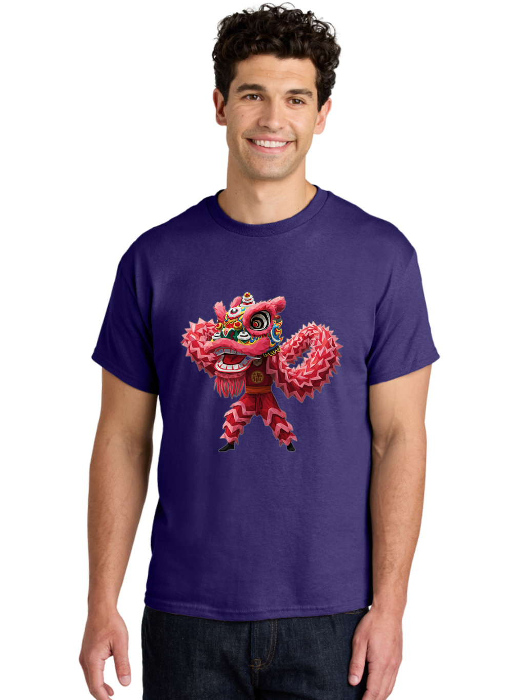 Dragon-Dance Men'S Graphic Tee, 100% Cotton, Comfortable Casual Summer Wear, Machine Washable, Traditional Lion Dance Costume, Cultural Heritage, Festive Celebration, Vibrant Red Color, Intricate Design, Dynamic Movement, Chinese Culture, Baa558