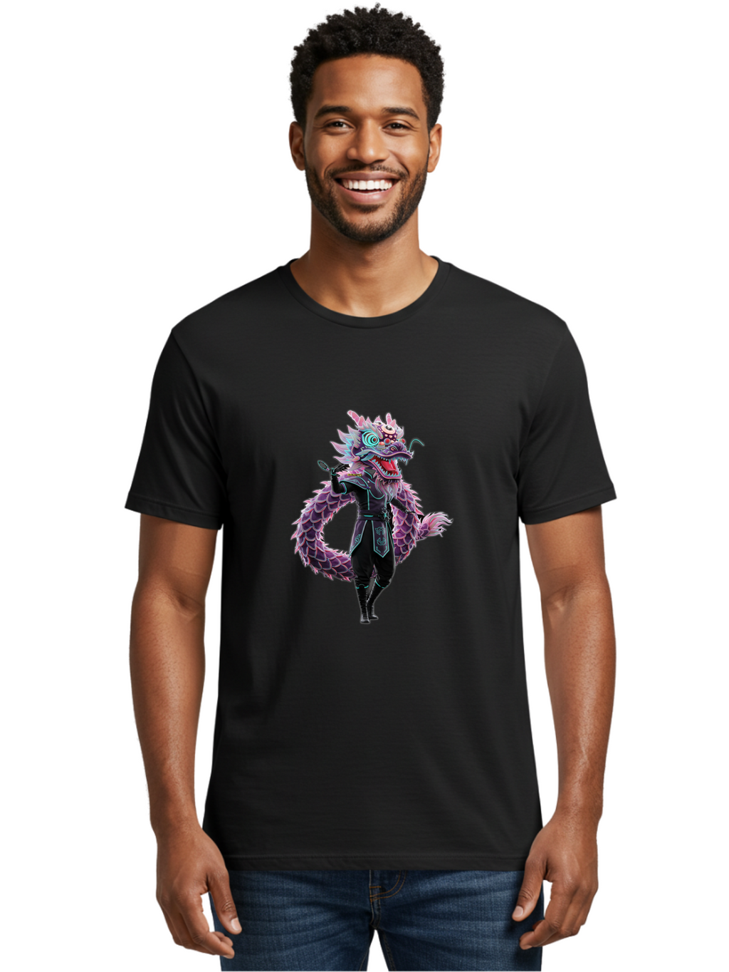 Dragon-Headed-Humanoid Men'S Graphic Tee, 100% Cotton, Comfortable Casual Summer Wear, Machine Washable, Fantasy Dragon Costume, Purple Scales, Ninja Outfit, Martial Arts Pose, Glowing Eyes, Futuristic Design, Mystical Creature, Anime Style, Baa560