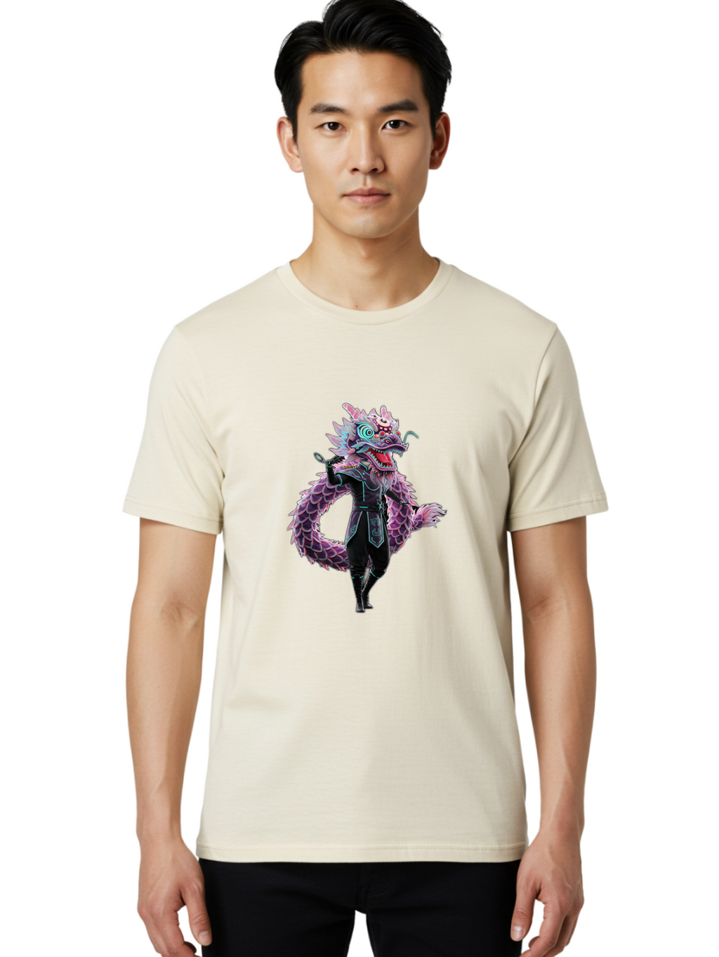 Dragon-Headed-Humanoid Men'S Graphic Tee, 100% Cotton, Comfortable Casual Summer Wear, Machine Washable, Fantasy Dragon Costume, Purple Scales, Ninja Outfit, Martial Arts Pose, Glowing Eyes, Futuristic Design, Mystical Creature, Anime Style, Baa560