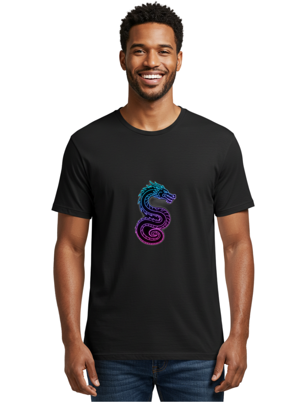 Dragon-Icon Men'S Graphic Tee, 100% Cotton, Comfortable Casual Summer Wear, Machine Washable, Purple And Blue Neon Dragon, Coiled Serpent, Mythical Creature, Fantasy Art, Glowing Neon, Vibrant Colors, Abstract Design, Stylized Dragon Head, Baa561