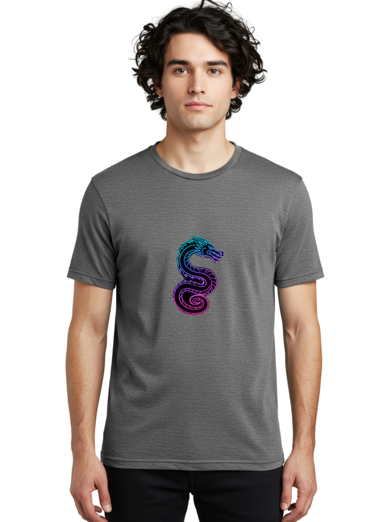 Dragon-Icon Men'S Graphic Tee, 100% Cotton, Comfortable Casual Summer Wear, Machine Washable, Purple And Blue Neon Dragon, Coiled Serpent, Mythical Creature, Fantasy Art, Glowing Neon, Vibrant Colors, Abstract Design, Stylized Dragon Head, Baa561