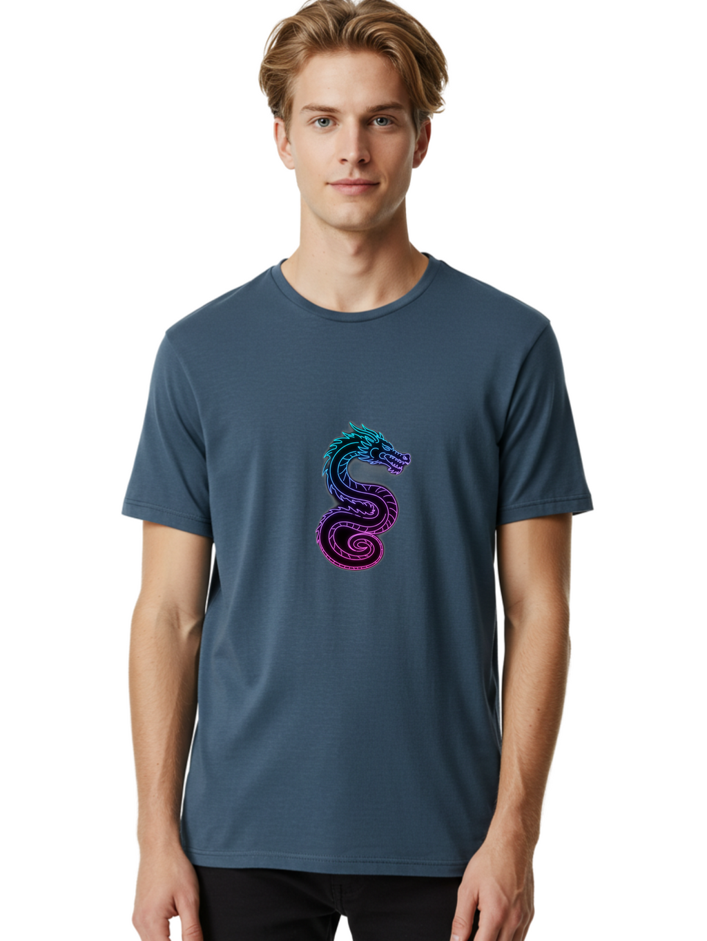 Dragon-Icon Men'S Graphic Tee, 100% Cotton, Comfortable Casual Summer Wear, Machine Washable, Purple And Blue Neon Dragon, Coiled Serpent, Mythical Creature, Fantasy Art, Glowing Neon, Vibrant Colors, Abstract Design, Stylized Dragon Head, Baa561