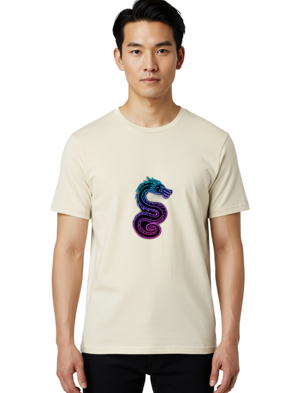 Dragon-Icon Men'S Graphic Tee, 100% Cotton, Comfortable Casual Summer Wear, Machine Washable, Purple And Blue Neon Dragon, Coiled Serpent, Mythical Creature, Fantasy Art, Glowing Neon, Vibrant Colors, Abstract Design, Stylized Dragon Head, Baa561
