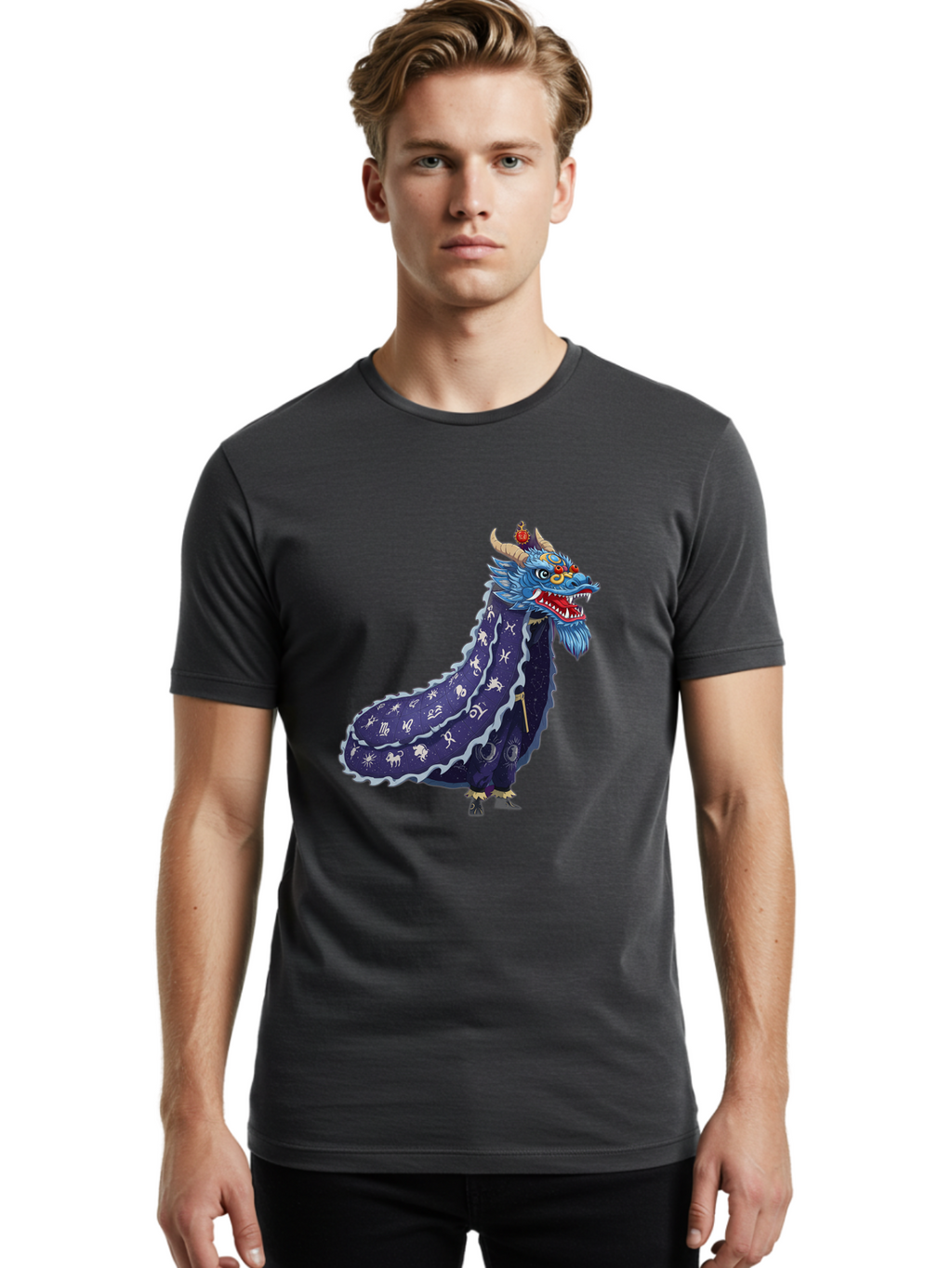 Dragon-Zodiac Men'S Graphic Tee, 100% Cotton, Comfortable Casual Summer Wear, Machine Washable, Mythical Dragon, Zodiac Signs, Astrology Symbols, Fantasy Creature, Zodiac Wheel, Mystical Being, Dragon Illustration, Cosmic Art Baa562