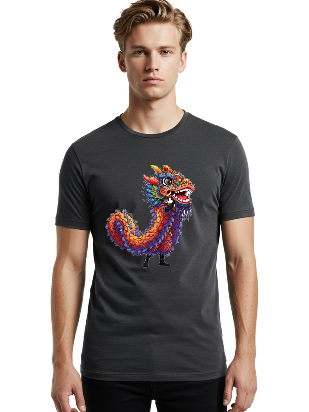 Dragon Men'S Graphic Tee, 100% Cotton, Comfortable Casual Summer Wear, Machine Washable, Vibrant Dragon, Mythical Creature, Chinese Culture, Colorful Scales, Sharp Teeth, Bold Design, Fantasy Art, Cartoon Style Baa563