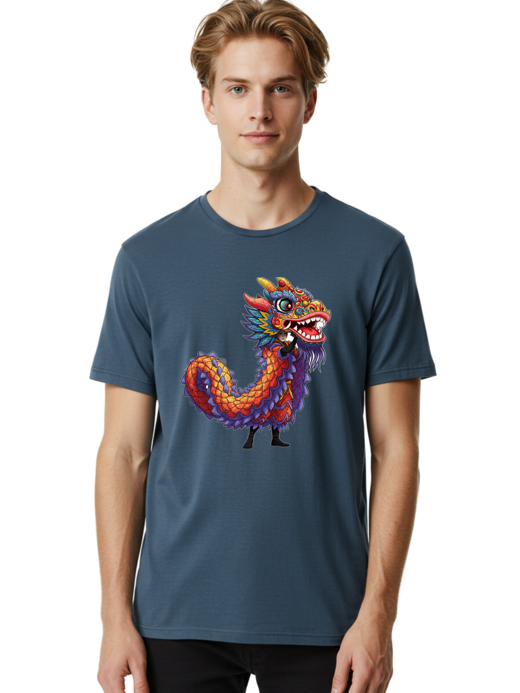 Dragon Men'S Graphic Tee, 100% Cotton, Comfortable Casual Summer Wear, Machine Washable, Vibrant Dragon, Mythical Creature, Chinese Culture, Colorful Scales, Sharp Teeth, Bold Design, Fantasy Art, Cartoon Style Baa563