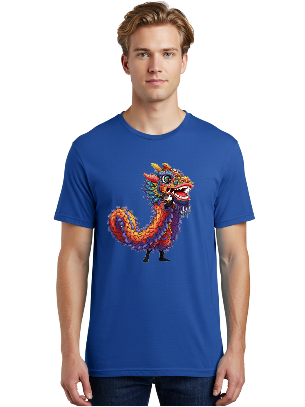Dragon Men'S Graphic Tee, 100% Cotton, Comfortable Casual Summer Wear, Machine Washable, Vibrant Dragon, Mythical Creature, Chinese Culture, Colorful Scales, Sharp Teeth, Bold Design, Fantasy Art, Cartoon Style Baa563