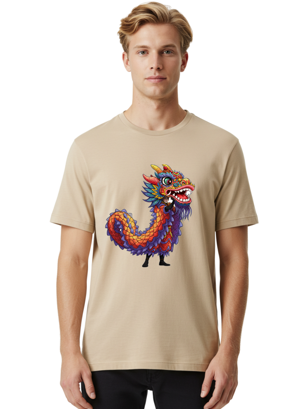 Dragon Men'S Graphic Tee, 100% Cotton, Comfortable Casual Summer Wear, Machine Washable, Vibrant Dragon, Mythical Creature, Chinese Culture, Colorful Scales, Sharp Teeth, Bold Design, Fantasy Art, Cartoon Style Baa563