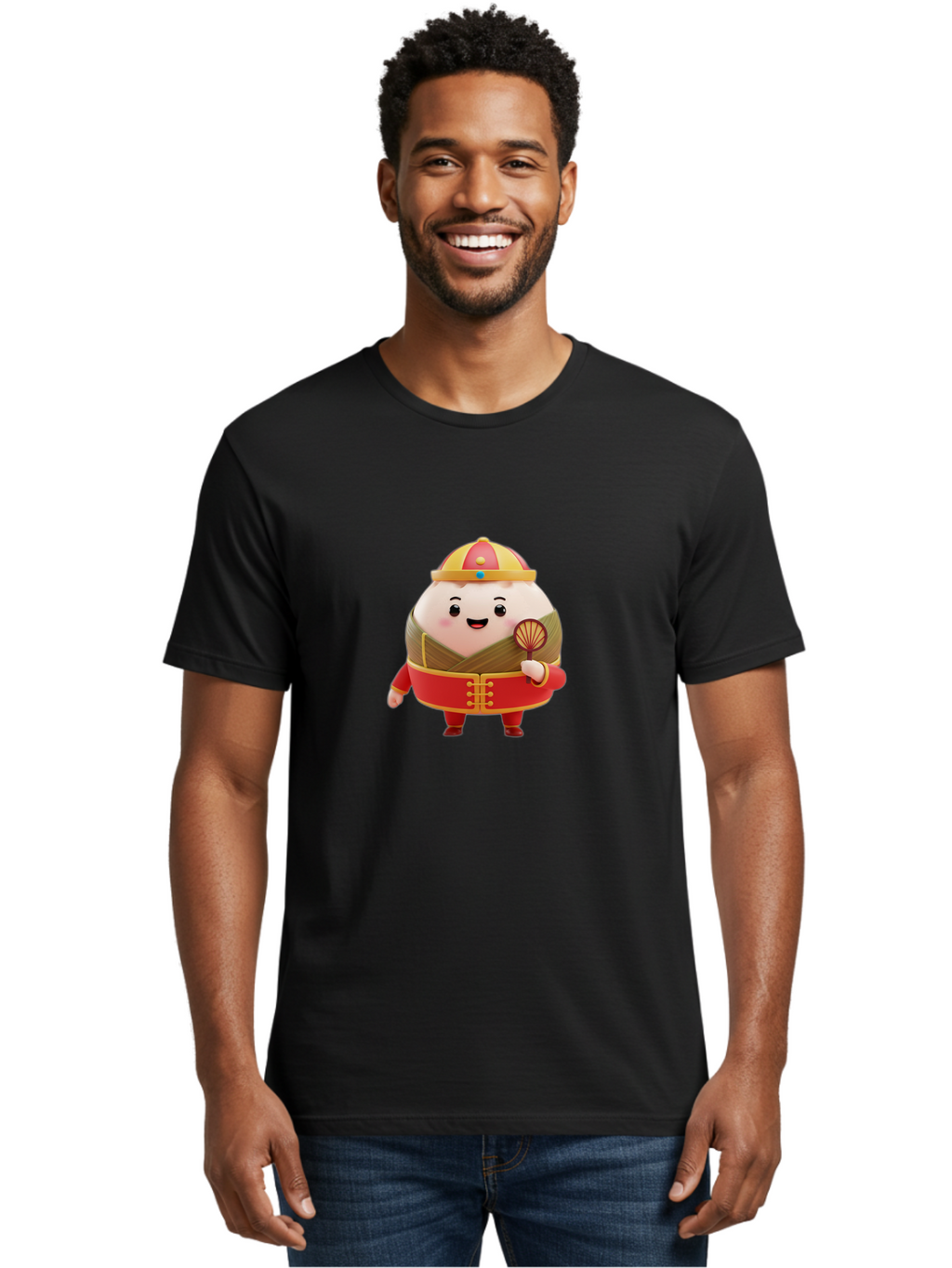 Dumpling-Character Men'S Graphic Tee, 100% Cotton, Comfortable Casual Summer Wear, Machine Washable, Cartoon Dumpling, Traditional Chinese Clothing, Red And Gold Attire, Smiling Face, Holding Fan, Cute Character, Chinese Culture, Baa568