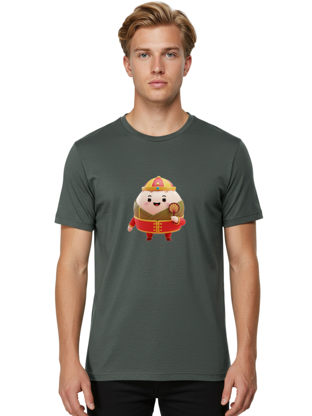Dumpling-Character Men'S Graphic Tee, 100% Cotton, Comfortable Casual Summer Wear, Machine Washable, Cartoon Dumpling, Traditional Chinese Clothing, Red And Gold Attire, Smiling Face, Holding Fan, Cute Character, Chinese Culture, Baa568