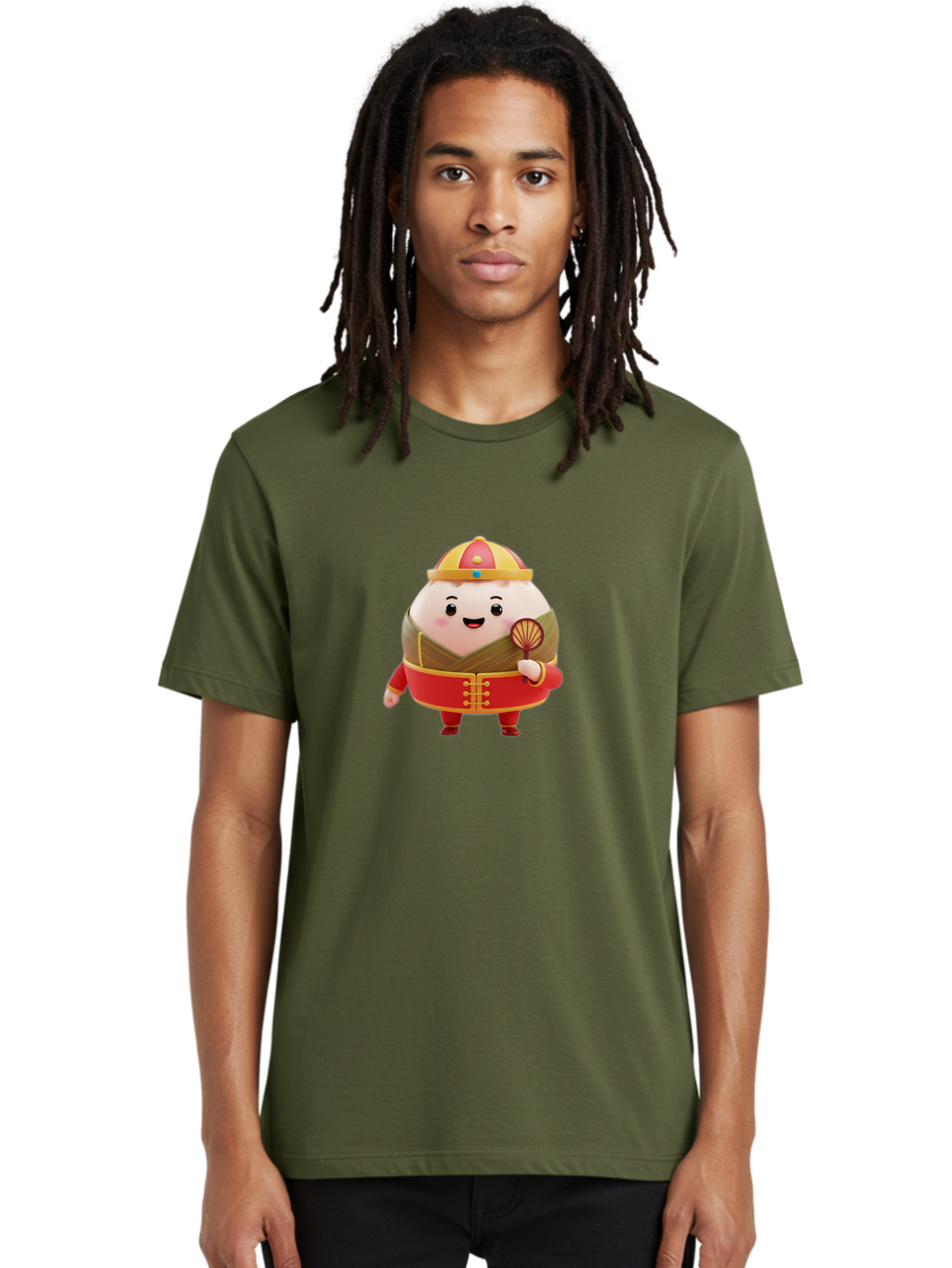 Dumpling-Character Men'S Graphic Tee, 100% Cotton, Comfortable Casual Summer Wear, Machine Washable, Cartoon Dumpling, Traditional Chinese Clothing, Red And Gold Attire, Smiling Face, Holding Fan, Cute Character, Chinese Culture, Baa568
