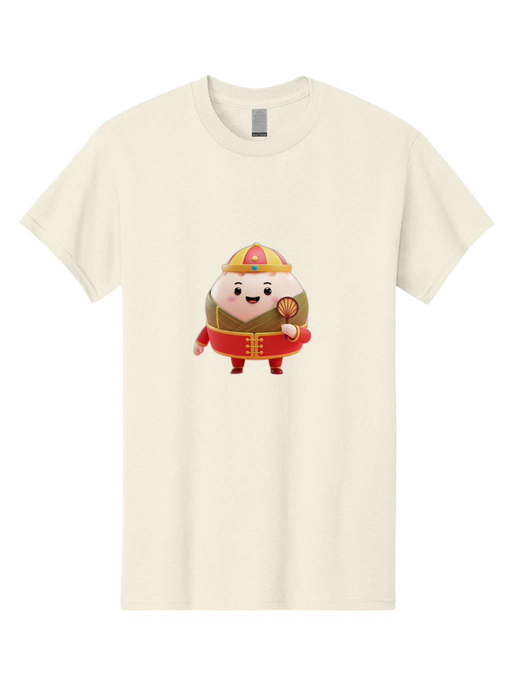 Dumpling-Character Men'S Graphic Tee, 100% Cotton, Comfortable Casual Summer Wear, Machine Washable, Cartoon Dumpling, Traditional Chinese Clothing, Red And Gold Attire, Smiling Face, Holding Fan, Cute Character, Chinese Culture, Baa568