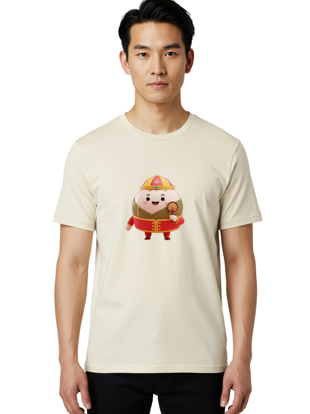 Dumpling-Character Men'S Graphic Tee, 100% Cotton, Comfortable Casual Summer Wear, Machine Washable, Cartoon Dumpling, Traditional Chinese Clothing, Red And Gold Attire, Smiling Face, Holding Fan, Cute Character, Chinese Culture, Baa568
