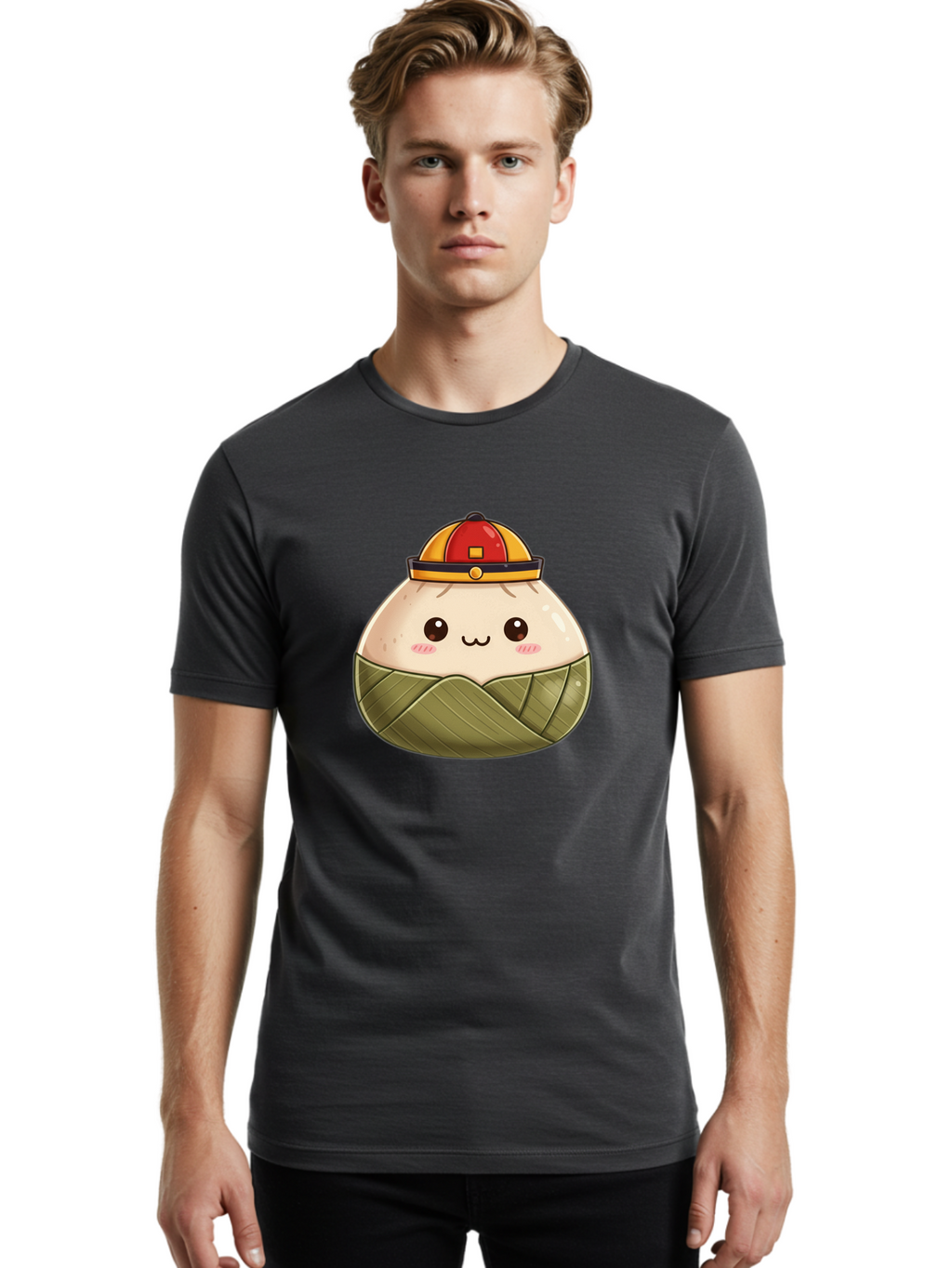 Dumpling-In-Firefighter-Hat Men'S Graphic Tee, 100% Cotton, Comfortable Casual Summer Wear, Machine Washable, Cartoon Baozi, Firefighter Hat, Red And Yellow, Cute Character, Steamed Bun, Kawaii Food, Chinese Cuisine, Adorable Illustration, Baa569