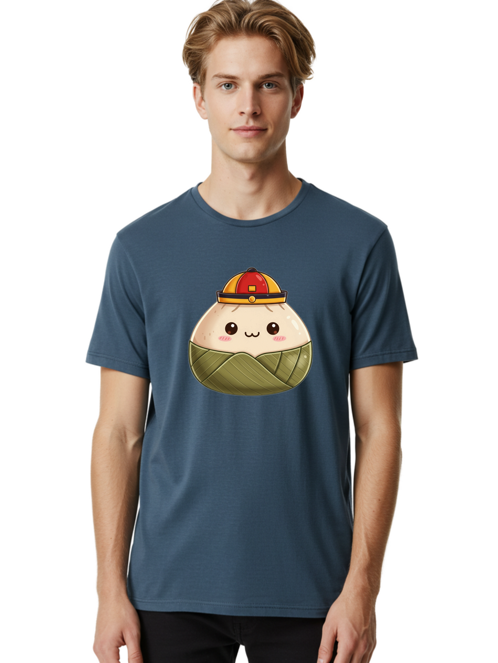 Dumpling-In-Firefighter-Hat Men'S Graphic Tee, 100% Cotton, Comfortable Casual Summer Wear, Machine Washable, Cartoon Baozi, Firefighter Hat, Red And Yellow, Cute Character, Steamed Bun, Kawaii Food, Chinese Cuisine, Adorable Illustration, Baa569