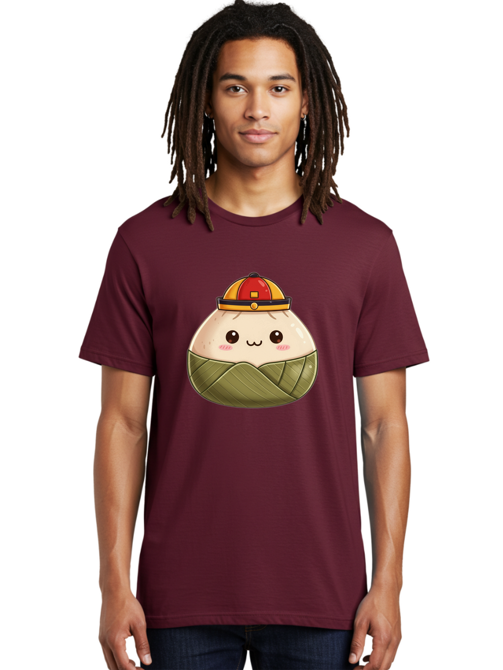 Dumpling-In-Firefighter-Hat Men'S Graphic Tee, 100% Cotton, Comfortable Casual Summer Wear, Machine Washable, Cartoon Baozi, Firefighter Hat, Red And Yellow, Cute Character, Steamed Bun, Kawaii Food, Chinese Cuisine, Adorable Illustration, Baa569