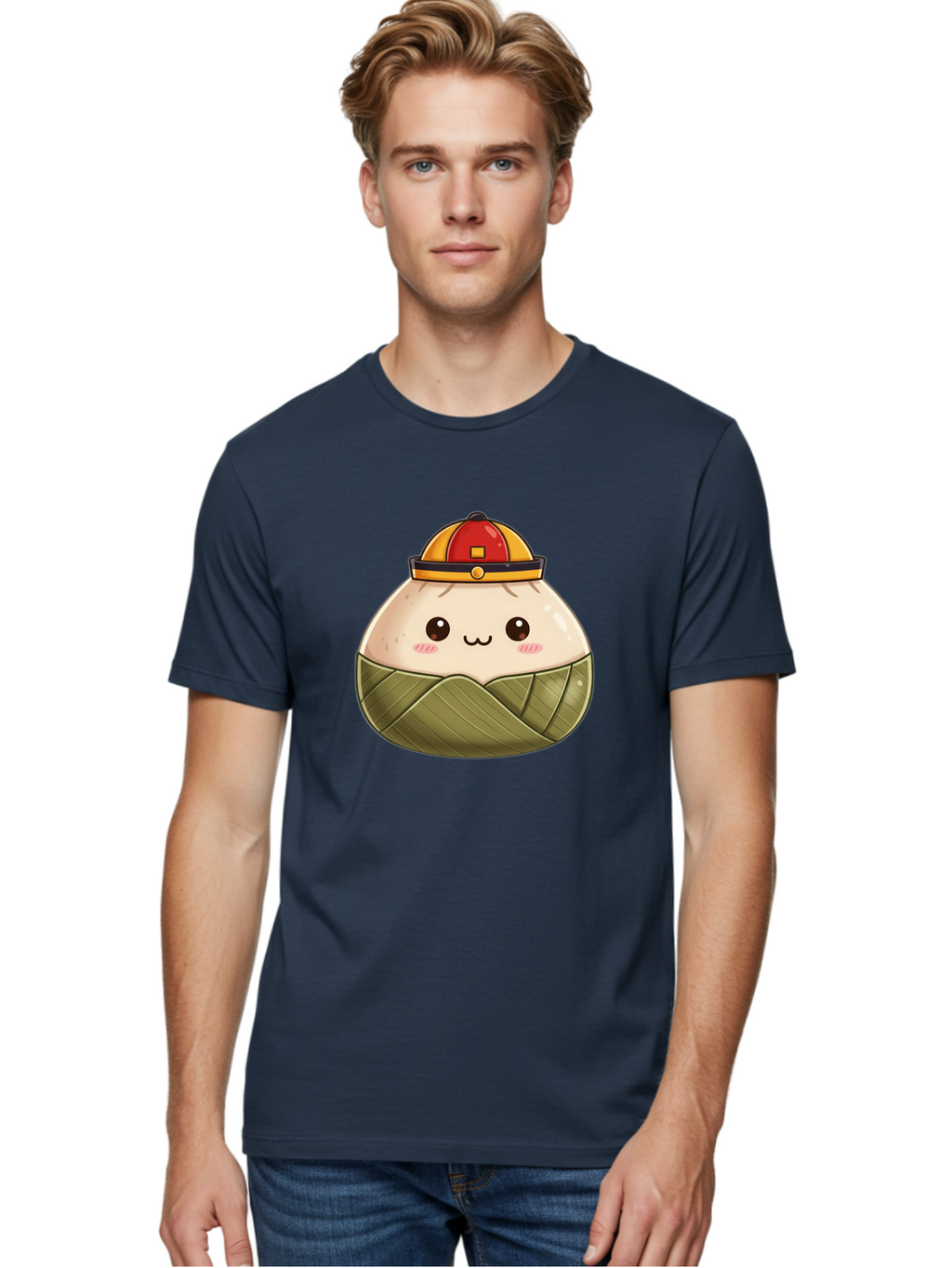 Dumpling-In-Firefighter-Hat Men'S Graphic Tee, 100% Cotton, Comfortable Casual Summer Wear, Machine Washable, Cartoon Baozi, Firefighter Hat, Red And Yellow, Cute Character, Steamed Bun, Kawaii Food, Chinese Cuisine, Adorable Illustration, Baa569