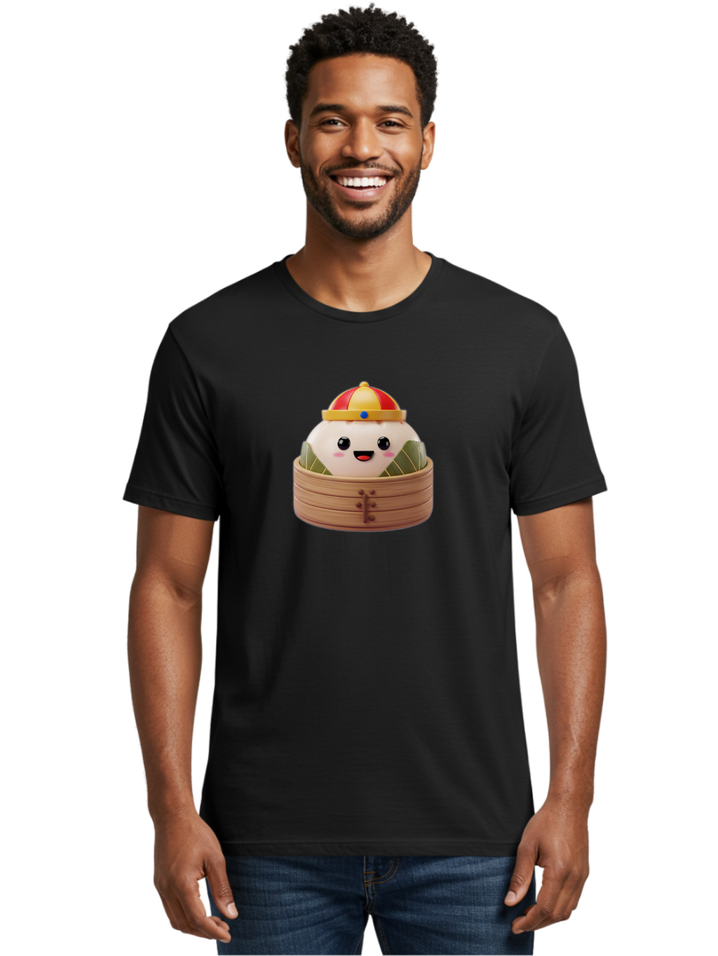 Dumpling-King Men'S Graphic Tee, 100% Cotton, Comfortable Casual Summer Wear, Machine Washable, Cartoon Dumpling, Chinese Cuisine, Steamed Bun, Bamboo Steamer, Happy Face, Kawaii Culture, Foodie Art, Adorable Character, Dumpling King Baa570