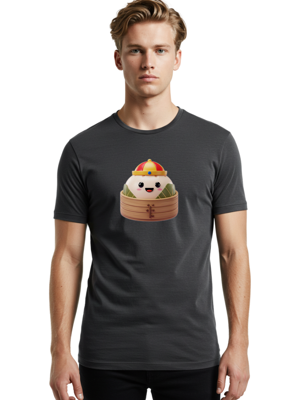 Dumpling-King Men'S Graphic Tee, 100% Cotton, Comfortable Casual Summer Wear, Machine Washable, Cartoon Dumpling, Chinese Cuisine, Steamed Bun, Bamboo Steamer, Happy Face, Kawaii Culture, Foodie Art, Adorable Character, Dumpling King Baa570