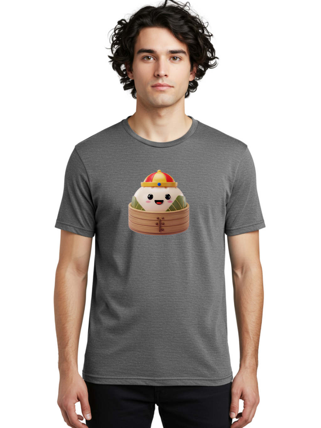 Dumpling-King Men'S Graphic Tee, 100% Cotton, Comfortable Casual Summer Wear, Machine Washable, Cartoon Dumpling, Chinese Cuisine, Steamed Bun, Bamboo Steamer, Happy Face, Kawaii Culture, Foodie Art, Adorable Character, Dumpling King Baa570