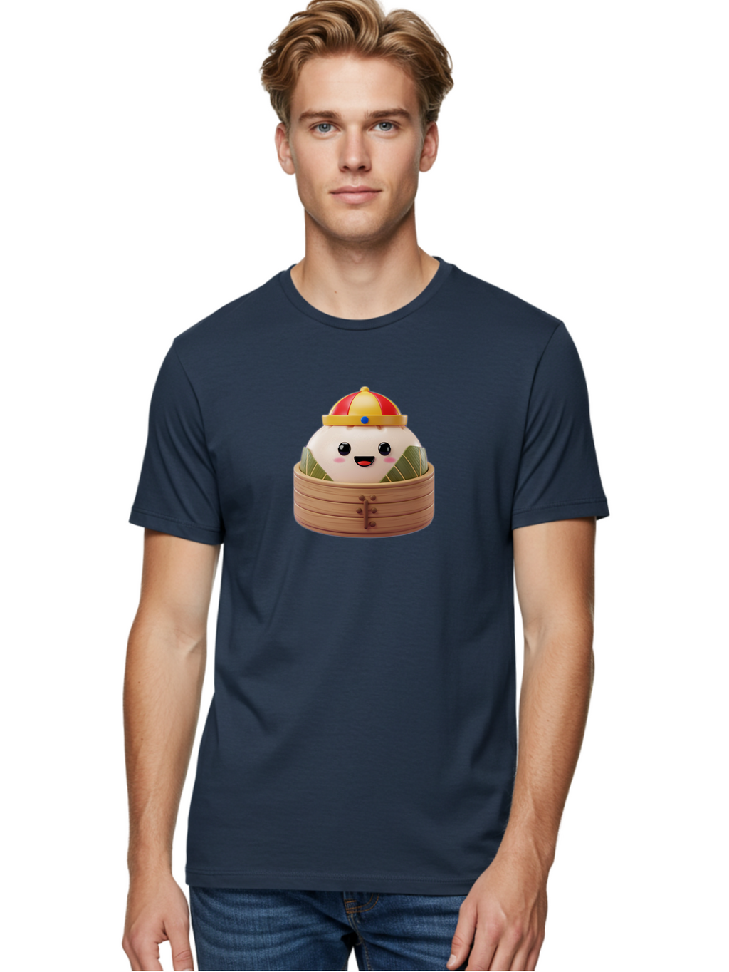 Dumpling-King Men'S Graphic Tee, 100% Cotton, Comfortable Casual Summer Wear, Machine Washable, Cartoon Dumpling, Chinese Cuisine, Steamed Bun, Bamboo Steamer, Happy Face, Kawaii Culture, Foodie Art, Adorable Character, Dumpling King Baa570