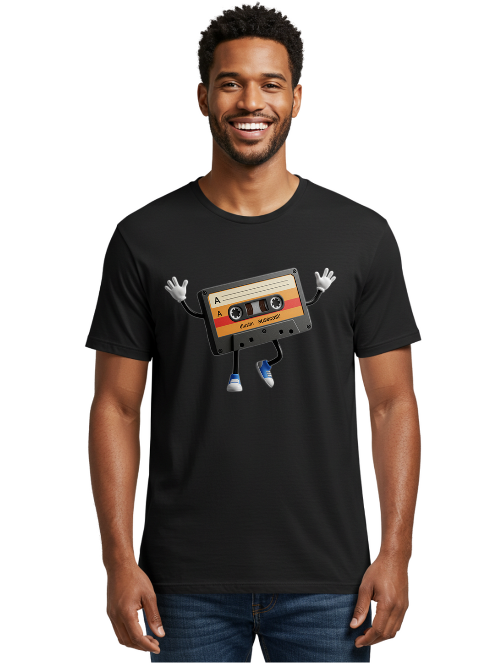 Dustin-Susacasy-Cassette Men'S Graphic Tee, 100% Cotton, Comfortable Casual Summer Wear, Machine Washable, Retro Cassette Tape Character, Vintage Music Format, Nostalgic Design, Animated Object, Dancin' Mixtape, Funky Art Style, Playful Vibe, Baa571