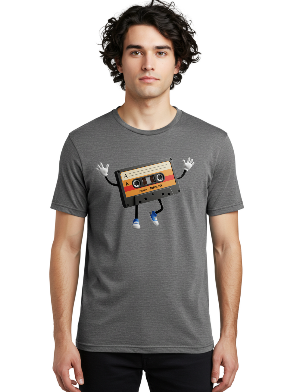 Dustin-Susacasy-Cassette Men'S Graphic Tee, 100% Cotton, Comfortable Casual Summer Wear, Machine Washable, Retro Cassette Tape Character, Vintage Music Format, Nostalgic Design, Animated Object, Dancin' Mixtape, Funky Art Style, Playful Vibe, Baa571