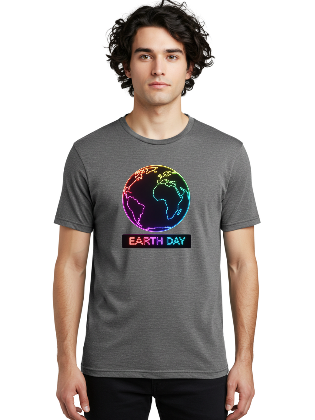 Earth-Day-1 Men'S Graphic Tee, 100% Cotton, Comfortable Casual Summer Wear, Machine Washable, Earth Day, Planet Earth, Globe, Neon Lights, Colorful Graphics, Environmental Awareness, Conservation, Sustainability, Eco-Friendly, World Map Baa573