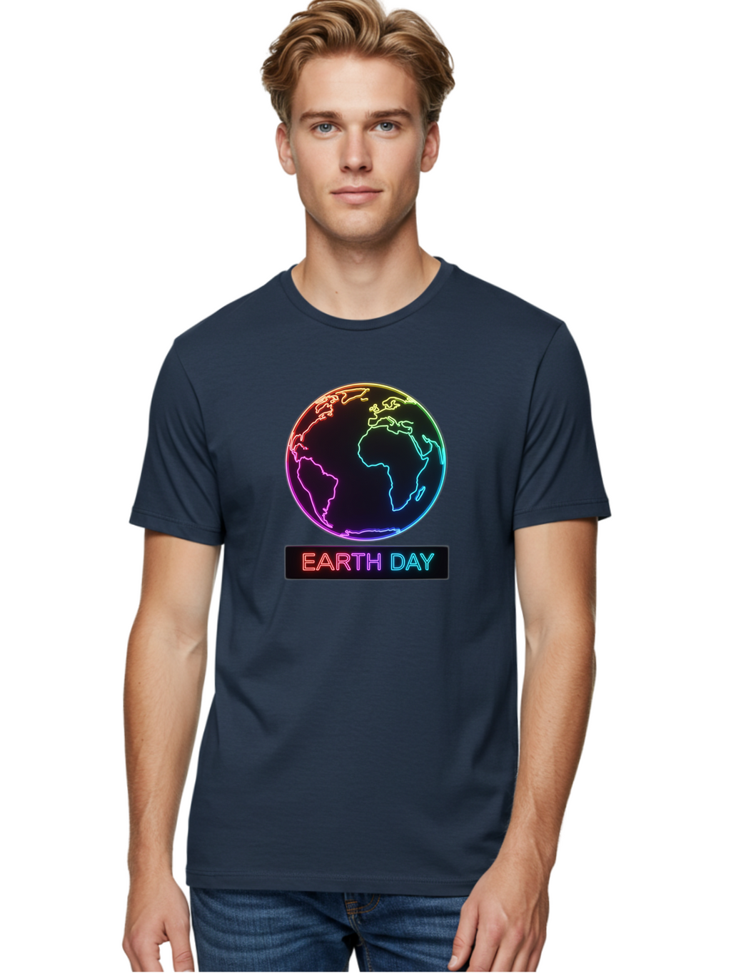 Earth-Day-1 Men'S Graphic Tee, 100% Cotton, Comfortable Casual Summer Wear, Machine Washable, Earth Day, Planet Earth, Globe, Neon Lights, Colorful Graphics, Environmental Awareness, Conservation, Sustainability, Eco-Friendly, World Map Baa573