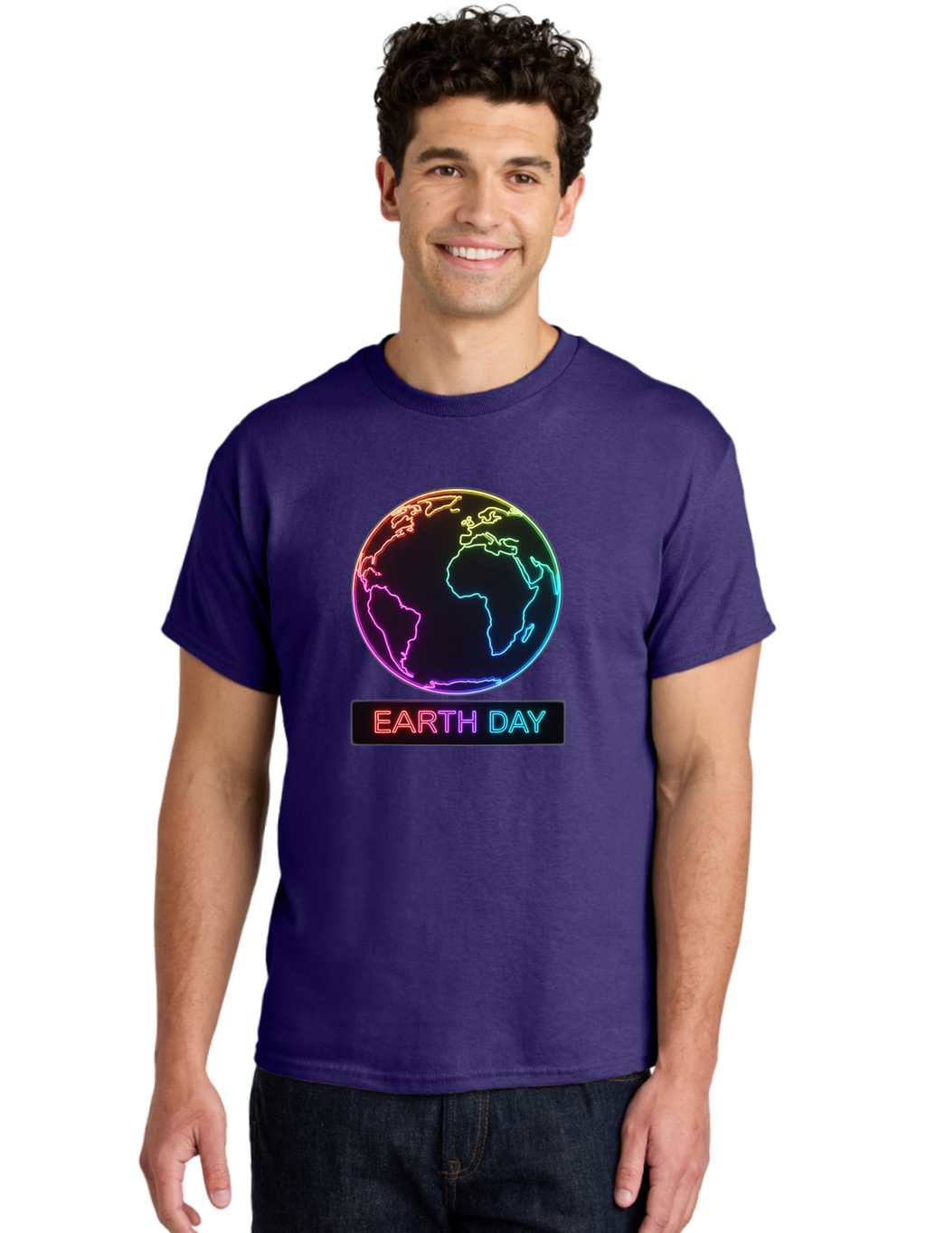 Earth-Day-1 Men'S Graphic Tee, 100% Cotton, Comfortable Casual Summer Wear, Machine Washable, Earth Day, Planet Earth, Globe, Neon Lights, Colorful Graphics, Environmental Awareness, Conservation, Sustainability, Eco-Friendly, World Map Baa573
