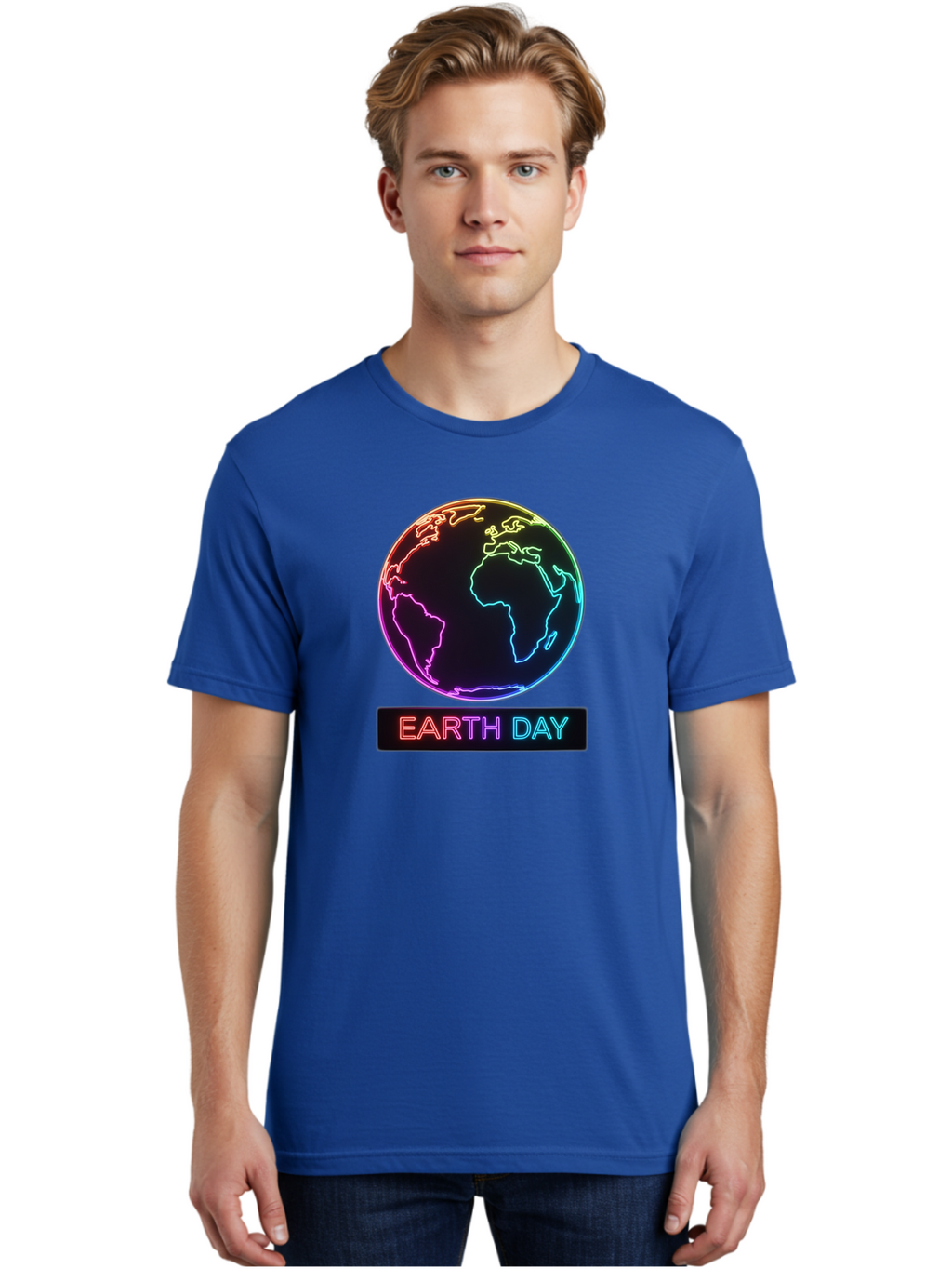 Earth-Day-1 Men'S Graphic Tee, 100% Cotton, Comfortable Casual Summer Wear, Machine Washable, Earth Day, Planet Earth, Globe, Neon Lights, Colorful Graphics, Environmental Awareness, Conservation, Sustainability, Eco-Friendly, World Map Baa573