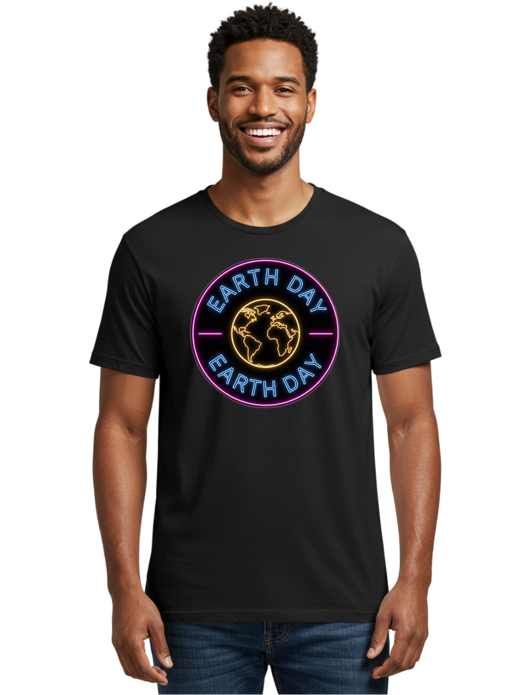 Earth-Day Men'S Graphic Tee, 100% Cotton, Comfortable Casual Summer Wear, Machine Washable, Earth Day Logo, Neon Sign, Global Awareness, Environmental Conservation, Eco-Friendly, Sustainability, Planet Earth Baa574