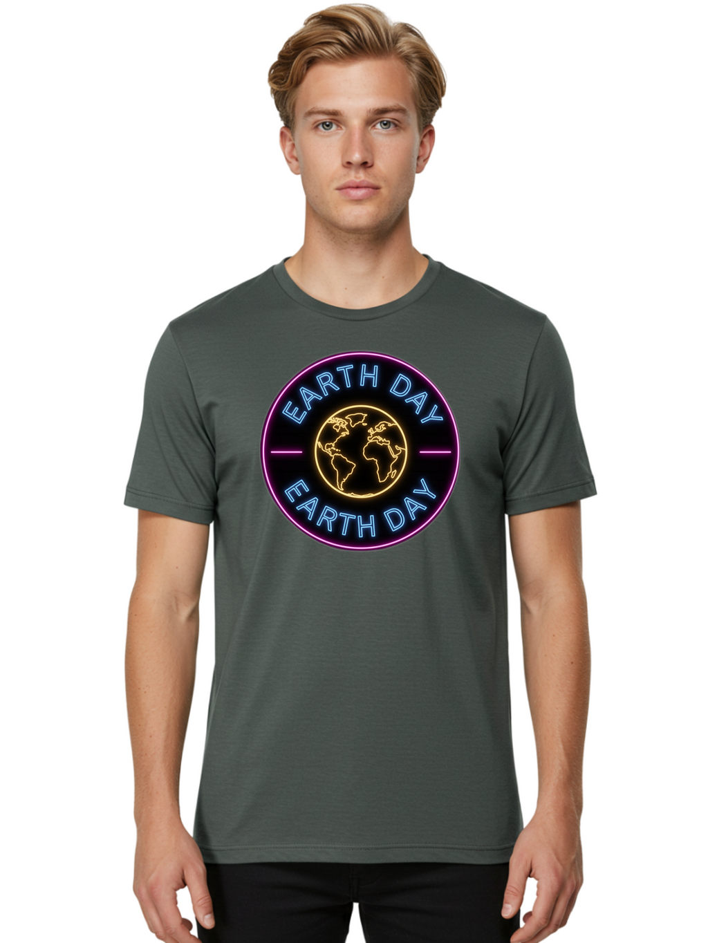 Earth-Day Men'S Graphic Tee, 100% Cotton, Comfortable Casual Summer Wear, Machine Washable, Earth Day Logo, Neon Sign, Global Awareness, Environmental Conservation, Eco-Friendly, Sustainability, Planet Earth Baa574