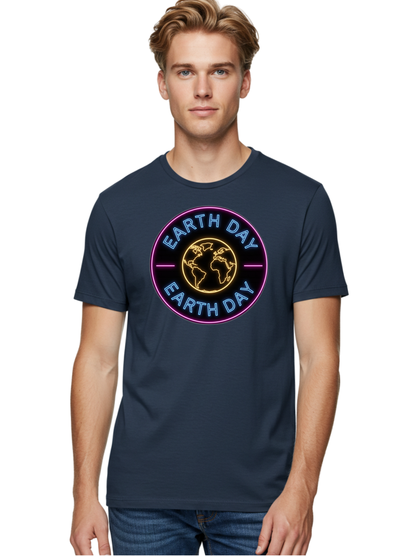 Earth-Day Men'S Graphic Tee, 100% Cotton, Comfortable Casual Summer Wear, Machine Washable, Earth Day Logo, Neon Sign, Global Awareness, Environmental Conservation, Eco-Friendly, Sustainability, Planet Earth Baa574