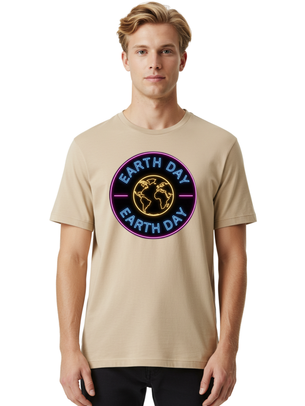 Earth-Day Men'S Graphic Tee, 100% Cotton, Comfortable Casual Summer Wear, Machine Washable, Earth Day Logo, Neon Sign, Global Awareness, Environmental Conservation, Eco-Friendly, Sustainability, Planet Earth Baa574
