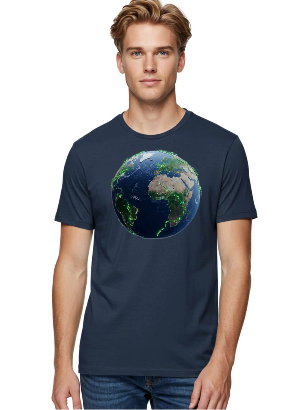 Earth-From-Space Men'S Graphic Tee, 100% Cotton, Comfortable Casual Summer Wear, Machine Washable, Globe Showing Africa And Europe, World Map, Planet Earth, Global Geography, Satellite View, International Connections, Global Technology Baa575