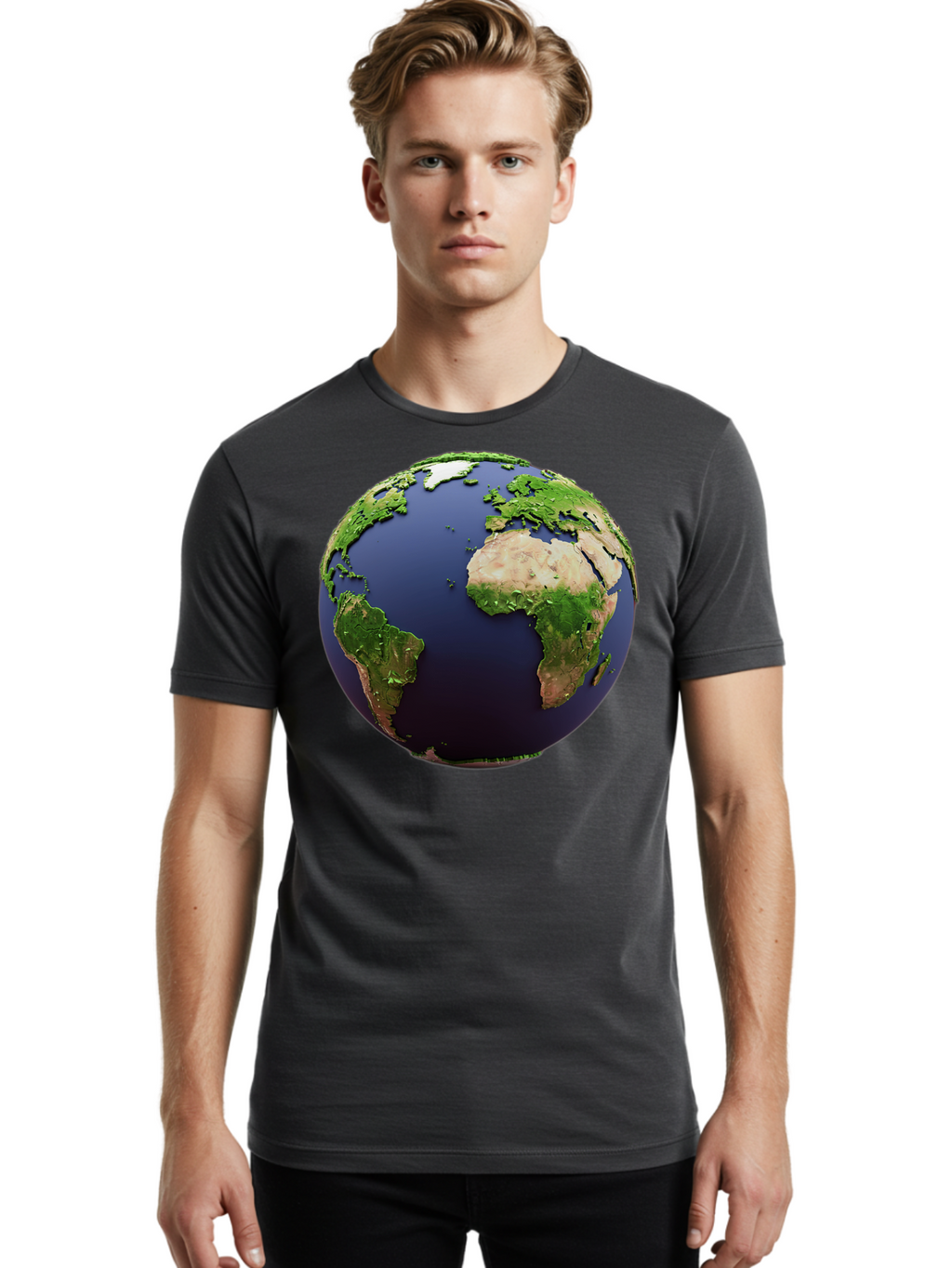 Earth-Globe-1 Men'S Graphic Tee, 100% Cotton, Comfortable Casual Summer Wear, Machine Washable, Globe Showing Africa And South America, 3D Rendering, World Map, Global Geography, Earth From Space, International Perspective, Baa576