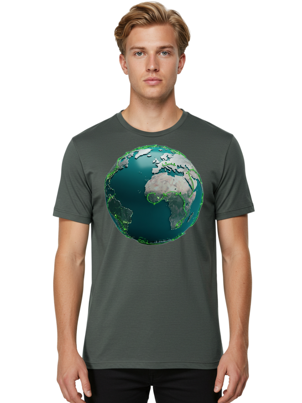 Earth-Globe-2 Men'S Graphic Tee, 100% Cotton, Comfortable Casual Summer Wear, Machine Washable, 3D Globe, World Map, Global Geography, International Boundaries, Africa And South America, Oceanic And Continental Landmasses, Baa577