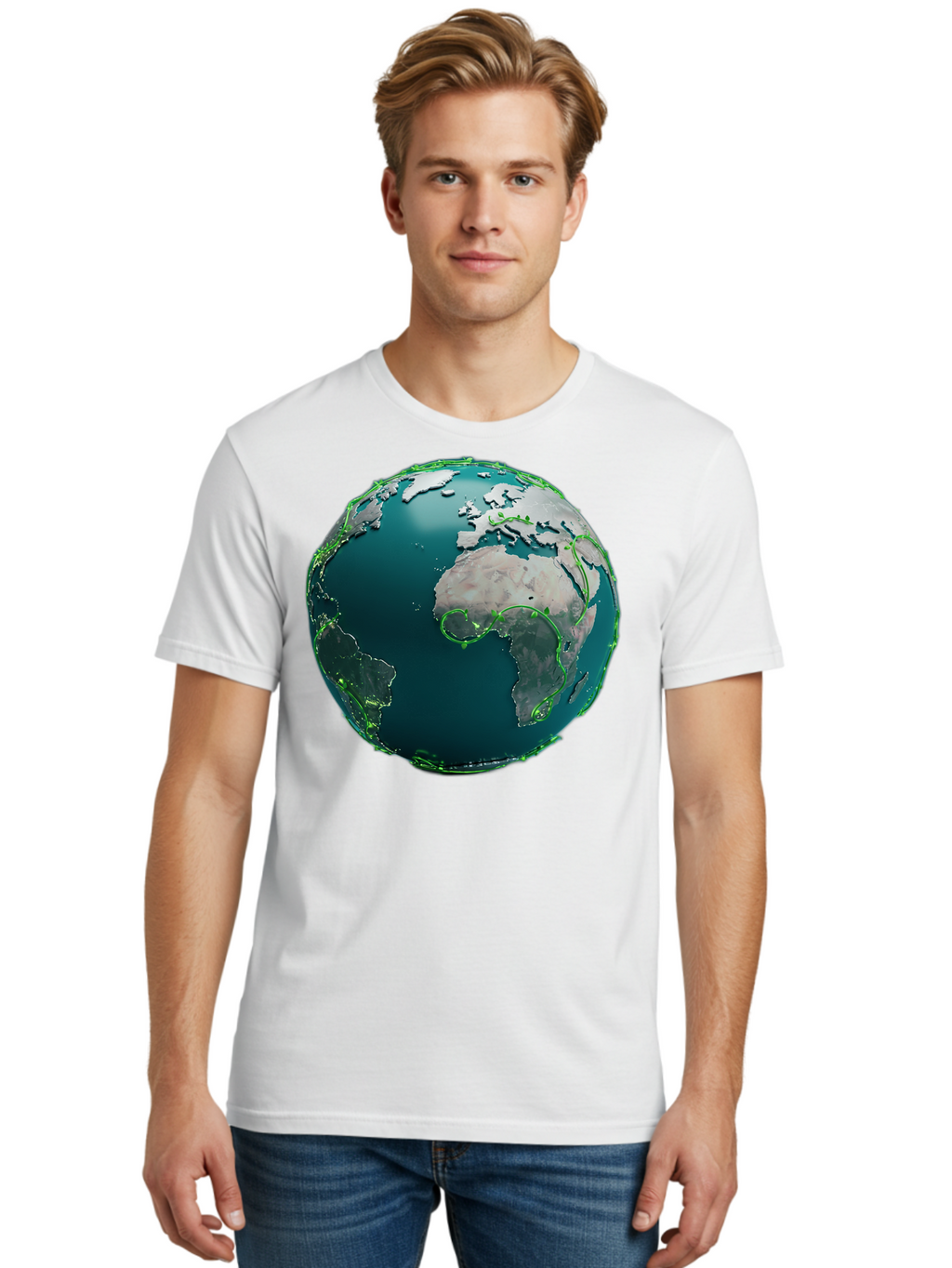 Earth-Globe-2 Men'S Graphic Tee, 100% Cotton, Comfortable Casual Summer Wear, Machine Washable, 3D Globe, World Map, Global Geography, International Boundaries, Africa And South America, Oceanic And Continental Landmasses, Baa577