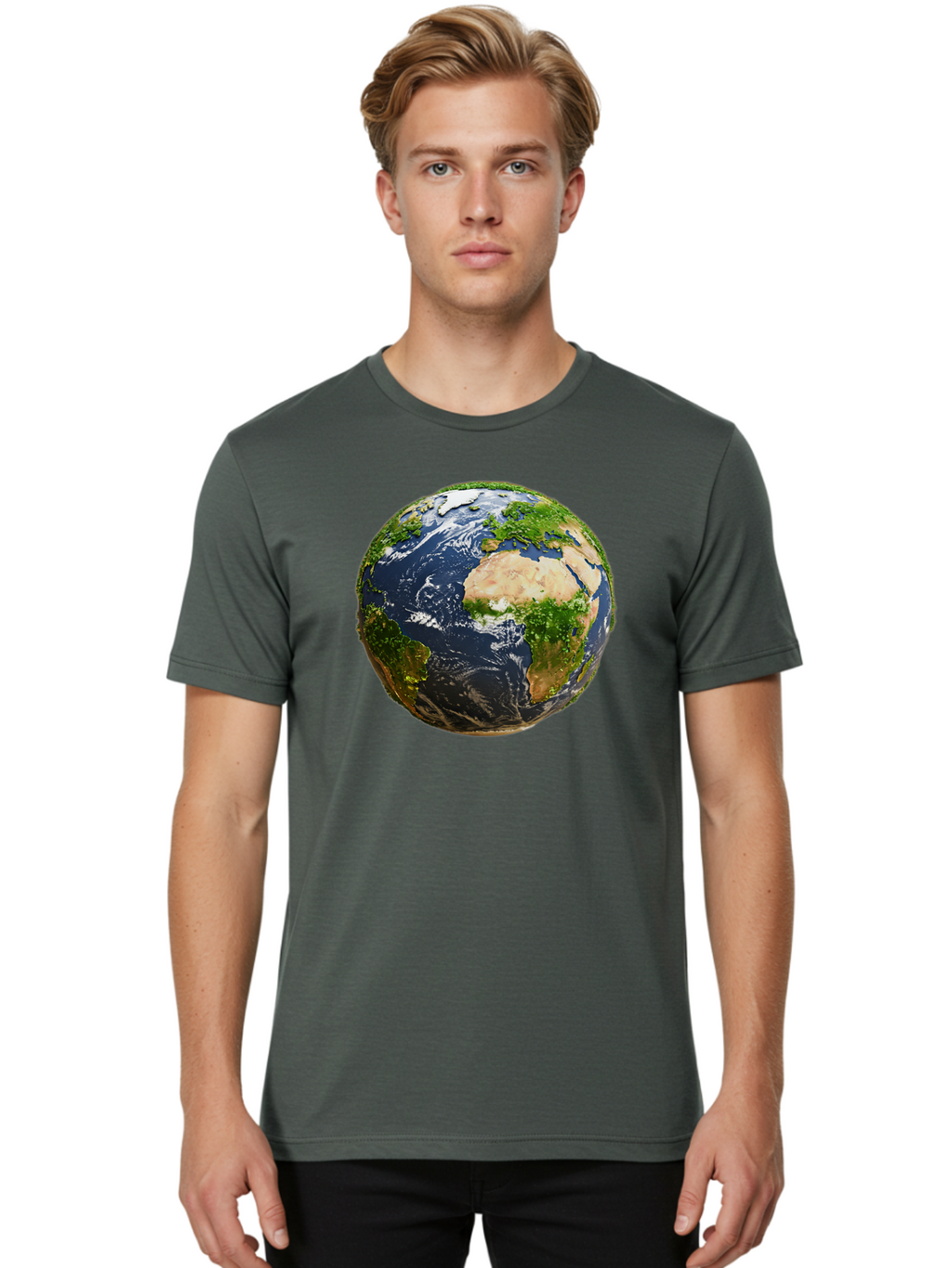 Earth-Globe-3 Men'S Graphic Tee, 100% Cotton, Comfortable Casual Summer Wear, Machine Washable, Globe, Earth From Space, World Map, Africa, Europe, Atlantic Ocean, Natural Beauty, Diverse Geography, Global Unity, Planet Earth Imagery, Baa578