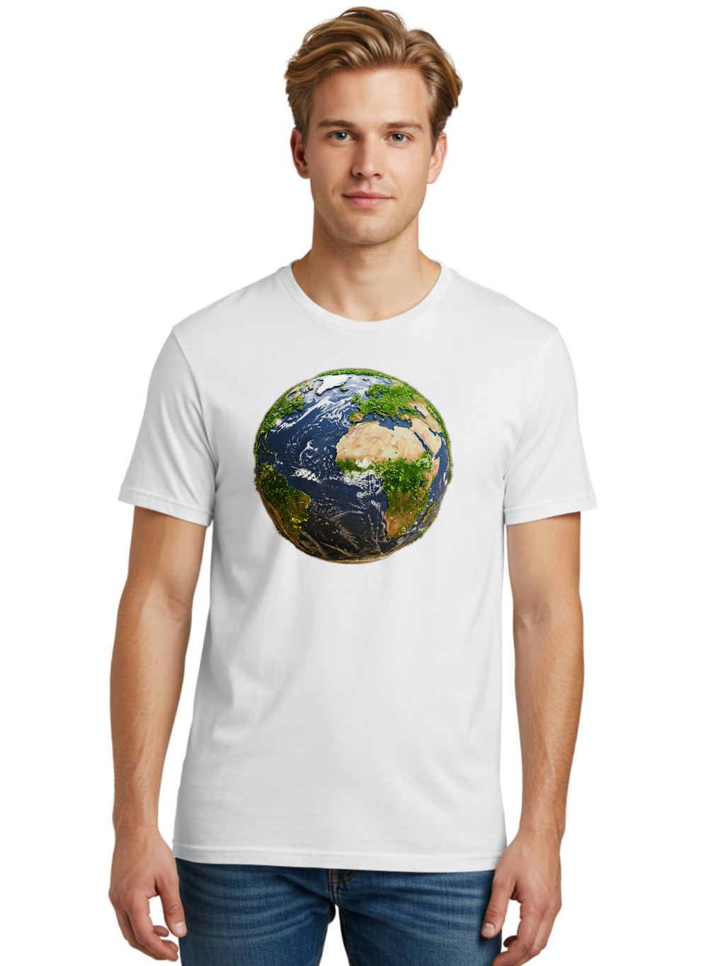 Earth-Globe-3 Men'S Graphic Tee, 100% Cotton, Comfortable Casual Summer Wear, Machine Washable, Globe, Earth From Space, World Map, Africa, Europe, Atlantic Ocean, Natural Beauty, Diverse Geography, Global Unity, Planet Earth Imagery, Baa578