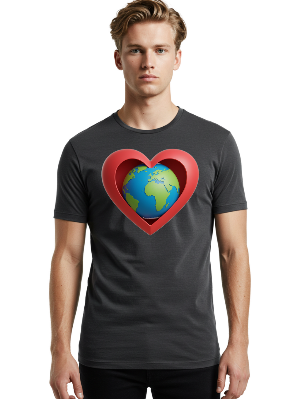 Earth-In-Heart-1 Men'S Graphic Tee, 100% Cotton, Comfortable Casual Summer Wear, Machine Washable, Globe Inside A Heart, 3D Rendering, Symbol Of Love For Earth, Environmental Awareness, Eco-Friendly, Global Unity, Caring For Planet Baa581