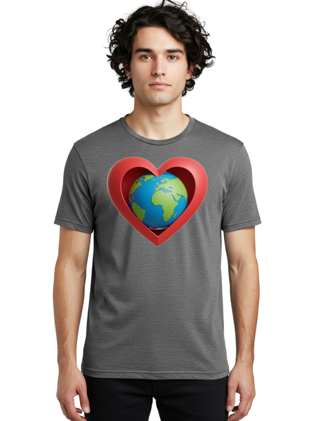 Earth-In-Heart-1 Men'S Graphic Tee, 100% Cotton, Comfortable Casual Summer Wear, Machine Washable, Globe Inside A Heart, 3D Rendering, Symbol Of Love For Earth, Environmental Awareness, Eco-Friendly, Global Unity, Caring For Planet Baa581