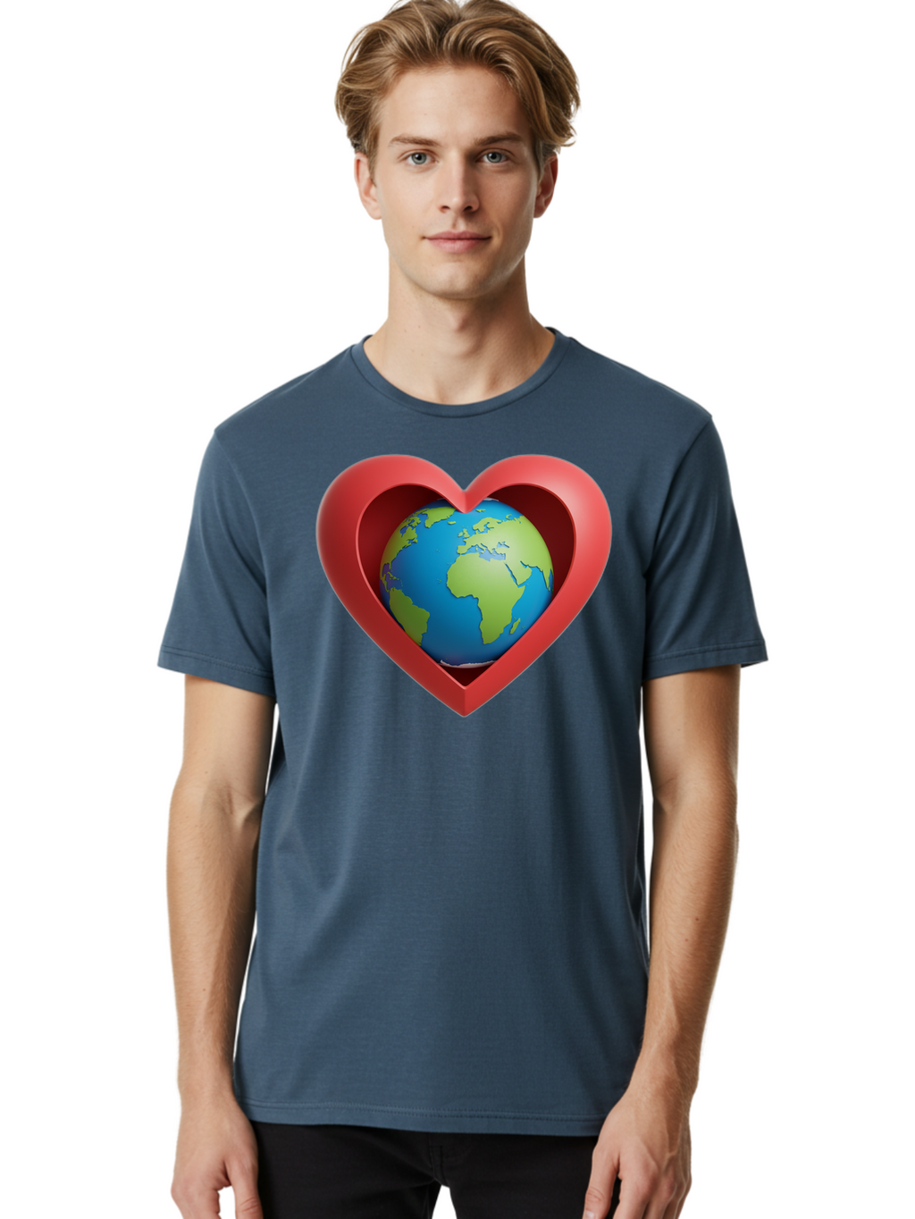 Earth-In-Heart-1 Men'S Graphic Tee, 100% Cotton, Comfortable Casual Summer Wear, Machine Washable, Globe Inside A Heart, 3D Rendering, Symbol Of Love For Earth, Environmental Awareness, Eco-Friendly, Global Unity, Caring For Planet Baa581
